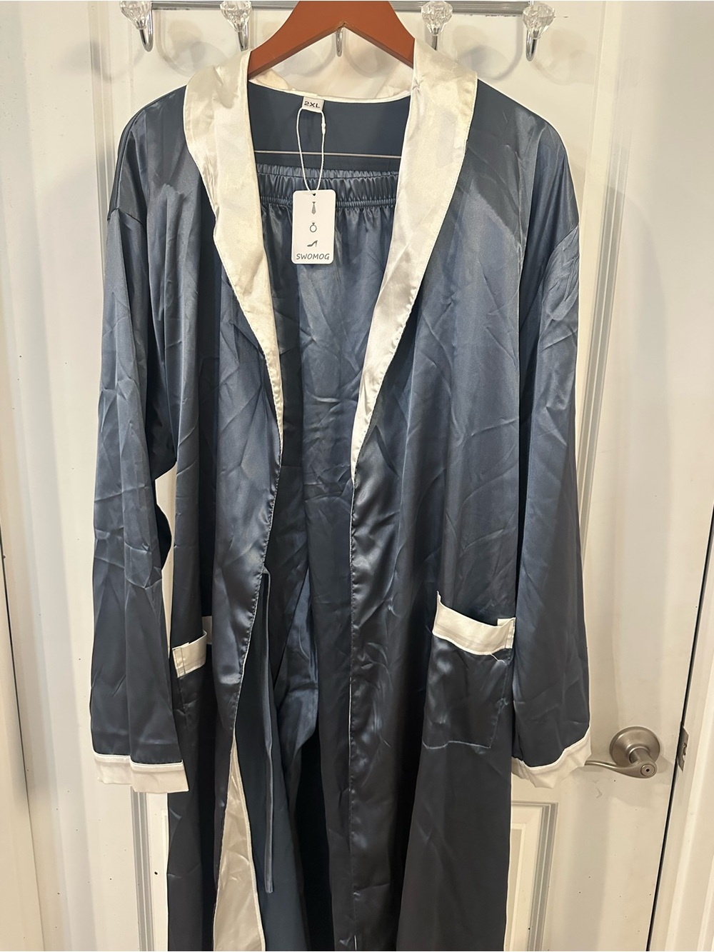Source Unknown Satin Long Robe with Cream Trim - Steel Blue